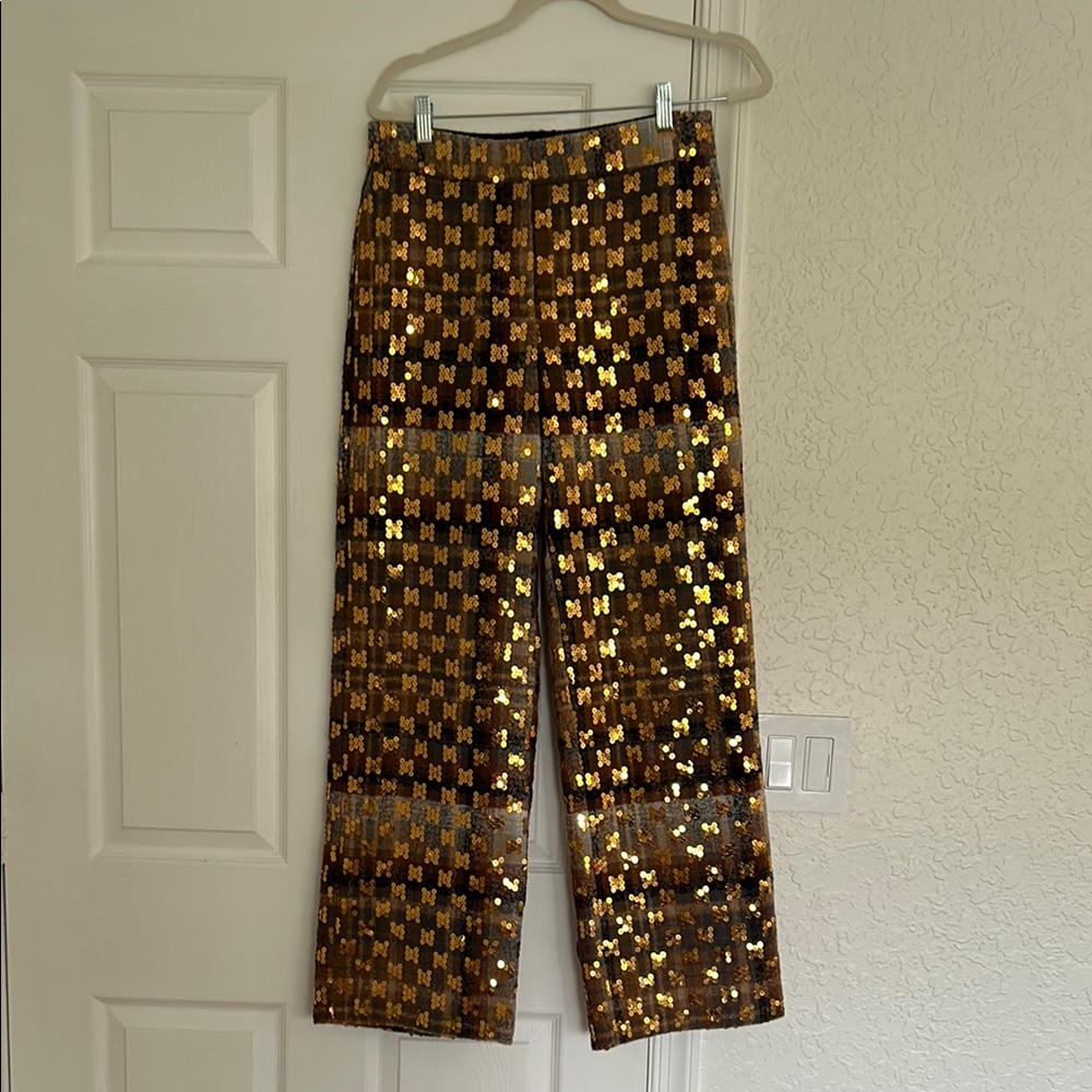 Peserico Gold and Brown Sequin Pant Size 44 EU